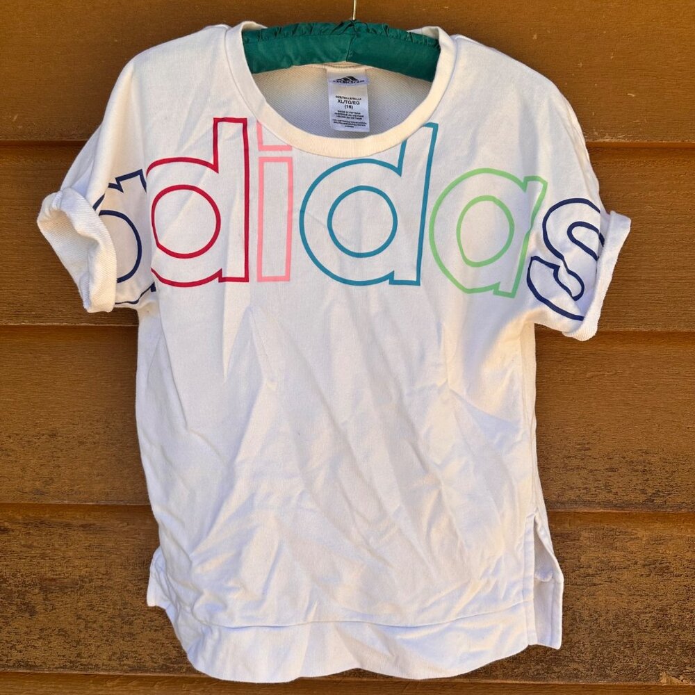 Adidas Girls White Tee Shirt With Multicolor Logo Size 16 Cotton Blend Casual Li